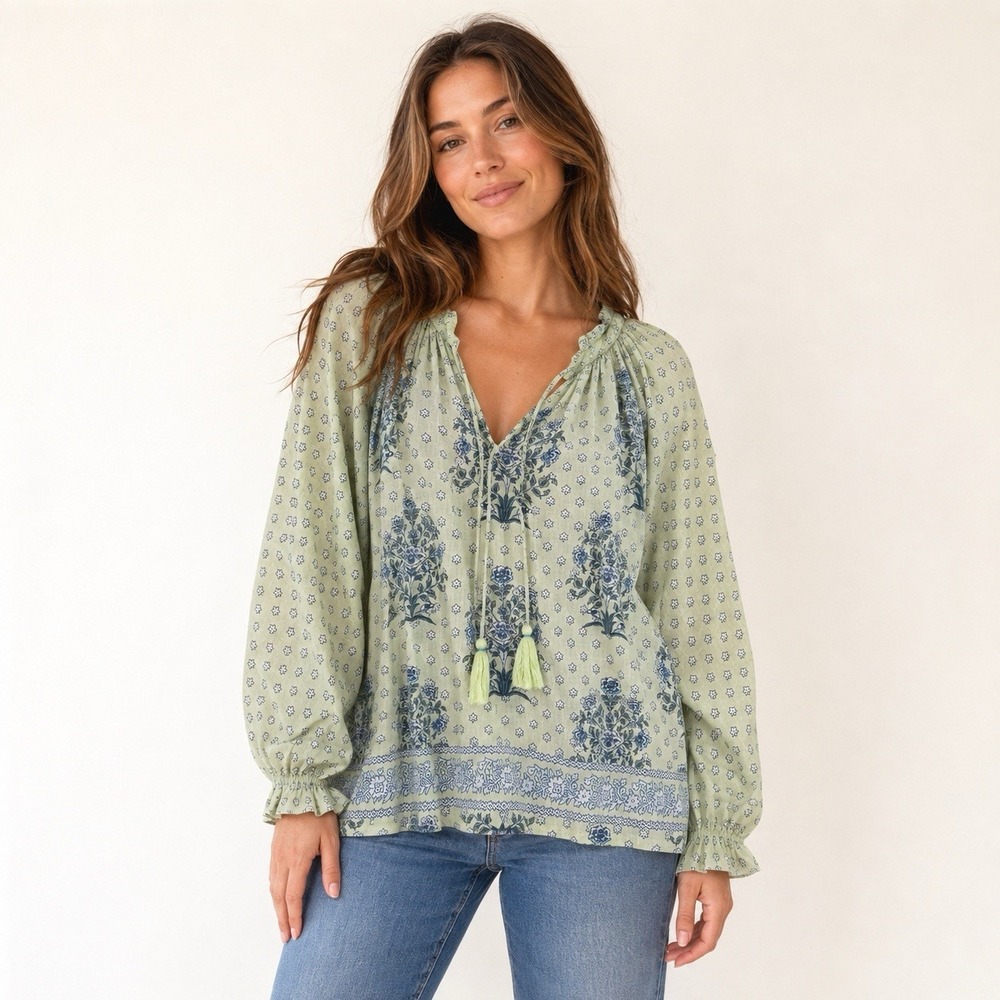 Roller Rabbit XL 100% Linen Green Floral Peasant Blouse Tassel Boho